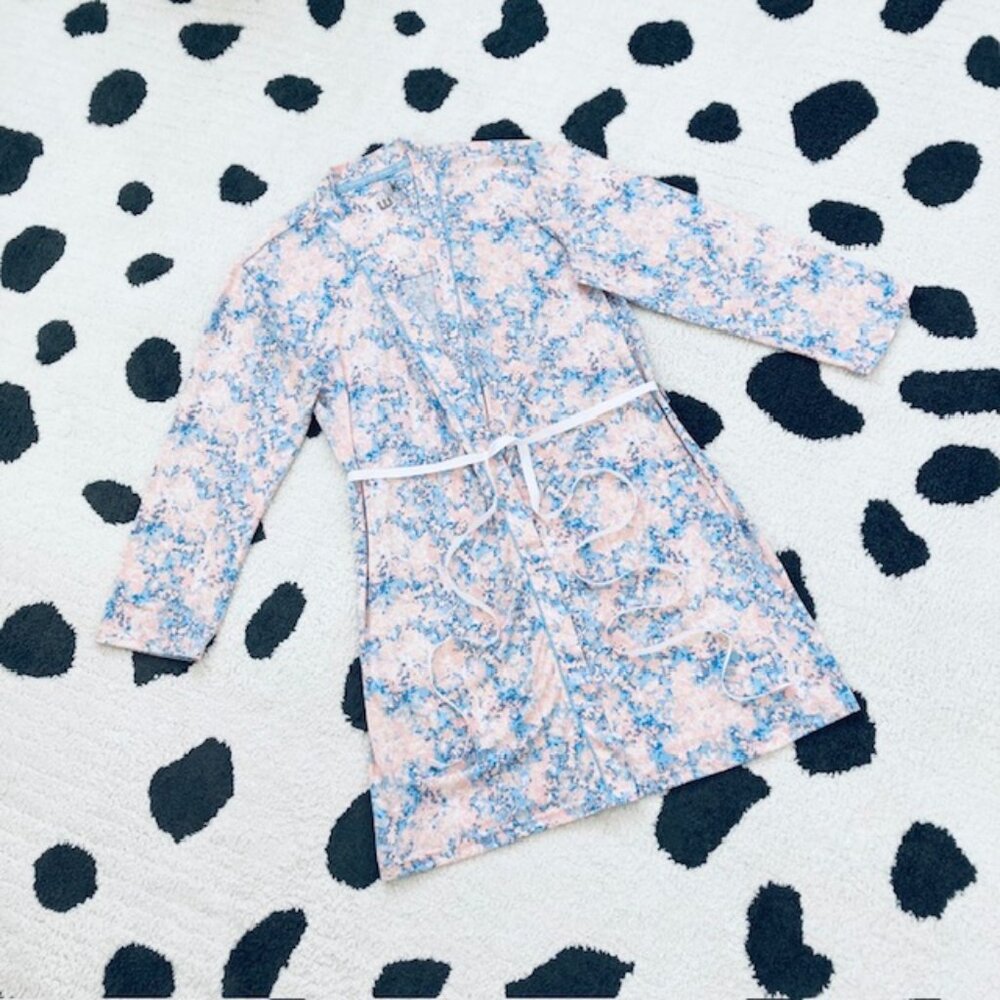 Muk Luks Womens XS Cloud Knit Blue Pink Print Lightweight Soft Stretch Robe